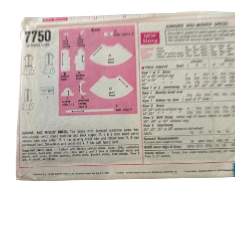 Simplicity 7750 Sewing Pattern Miss 12 Multicolor 1960s Mod Dress Cut Vintage